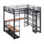 Lit mezzanine double en métal avec rangement en fer et tablettes en MDF et garde-robe ouverte, noir