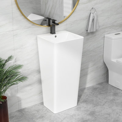 33" H White Ceramic Square Freestanding Pedestal Bathroom Sink Lavatory with Overflow