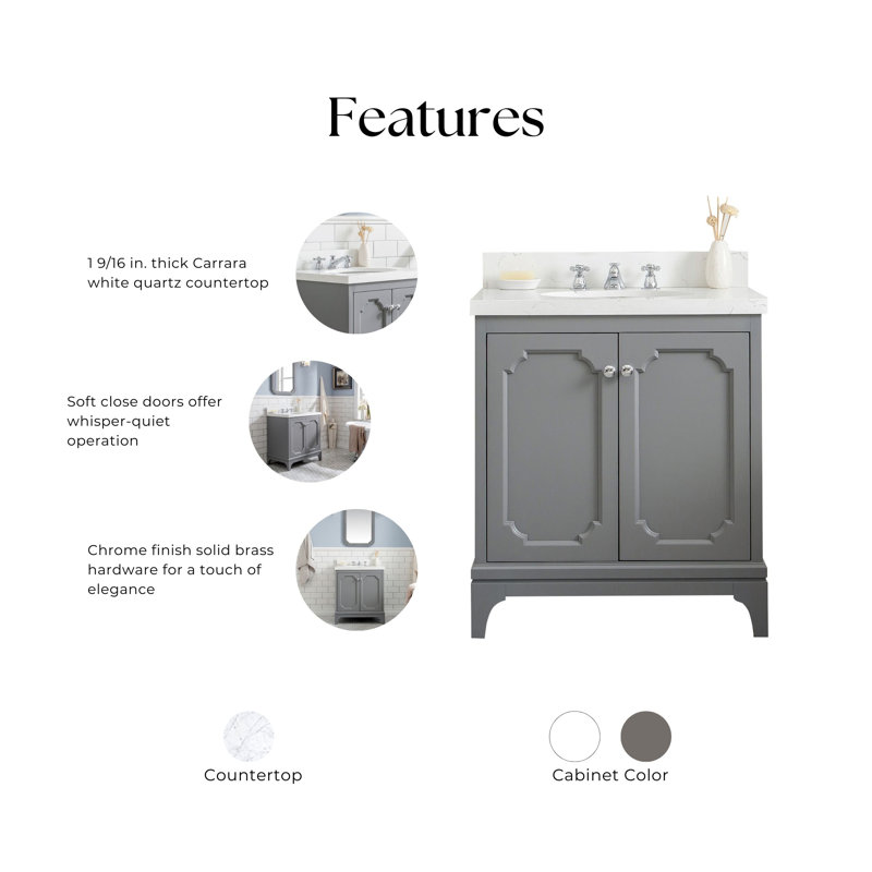 Queen 30" Sink Carrara Quartz Countertop Bath Vanity with Faucet, Waterfall, Pure White