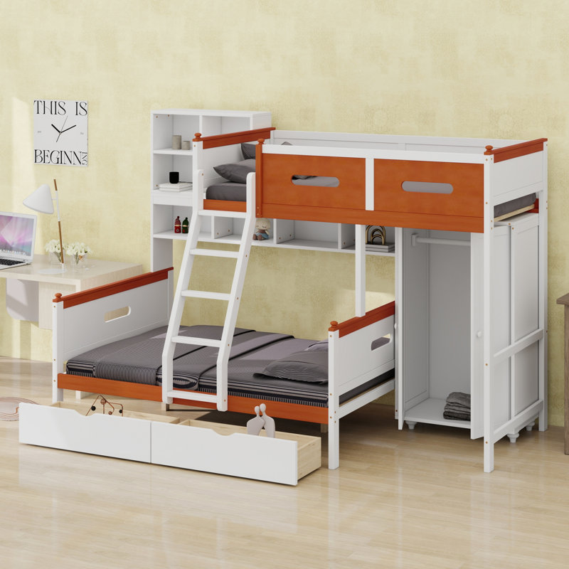 Lit superposé peu encombrant avec garde-robe, tiroirs, tablettes