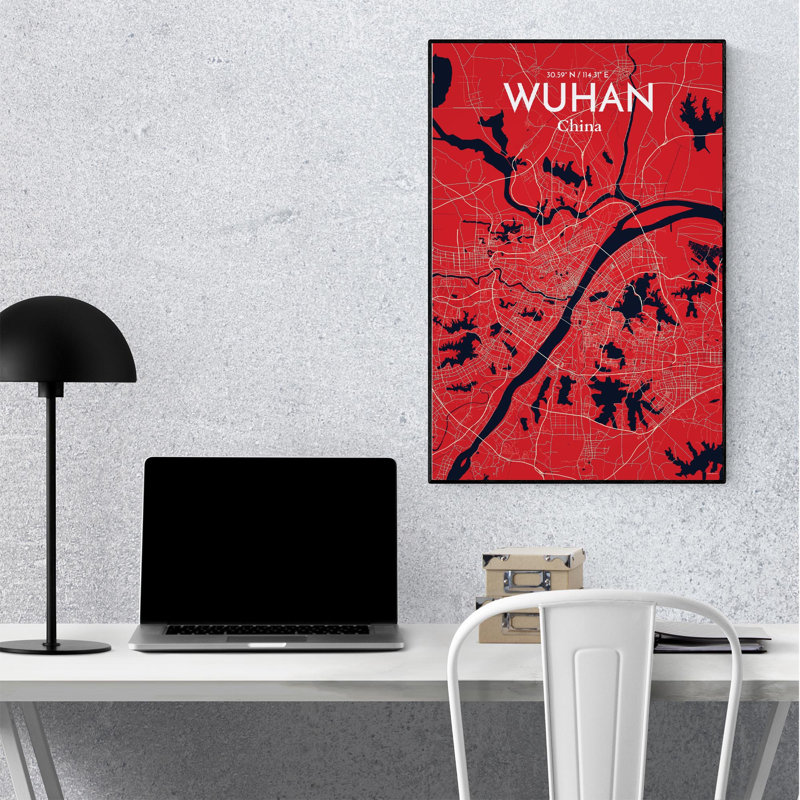Carte de la ville de Whan, impression, Rouge / Bleu marine, H 36 po x l 24 po