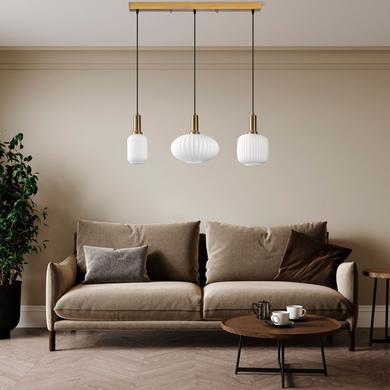 Elegant Gold Chandelier, Metal Body with Glass Caps, 34.3 x 11.8 x 51.2 Inches | 3 x E27 Max 40W Sockets (Bulbs Not Included) | Stunning Lighting Fixture for Living Room, Dining Room & Entryway Decor
