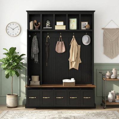 59.2" L Farmhouse Entryway Hall Tree with Coat Hooks Shoe Bench and Storage Drawers Antique Black Finish