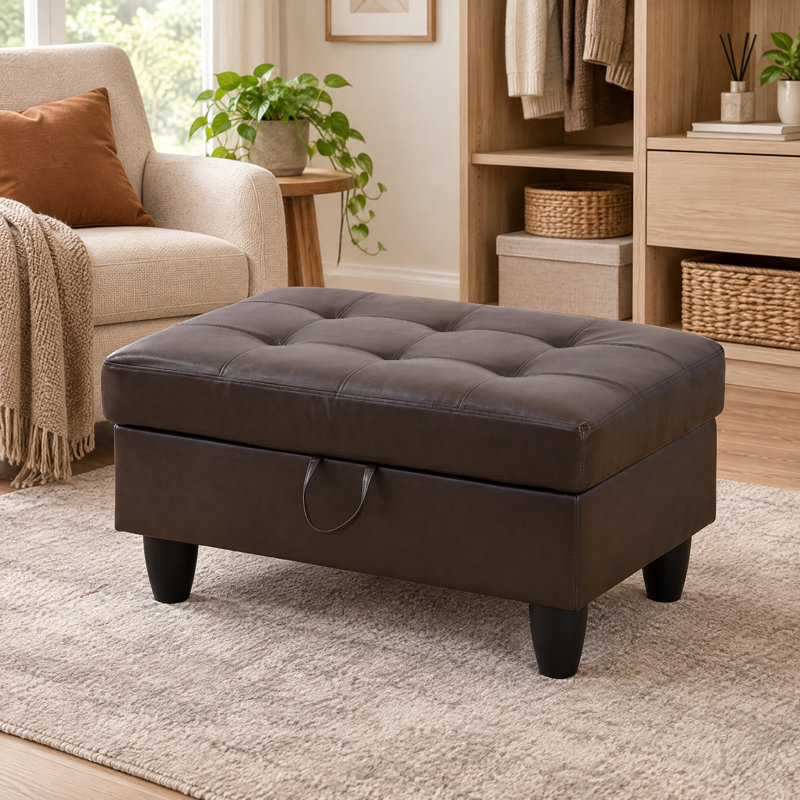 Beitz Vegan Leather Soft Close Storage Ottoman, Multifunctional Footrest with Hidden Storage, Dark Brown