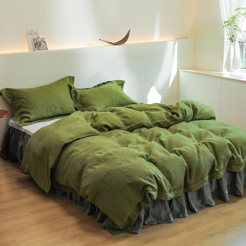 Ensemble de housse de couette 100% lin, Housse de couette très grand et 2 taies, Olive