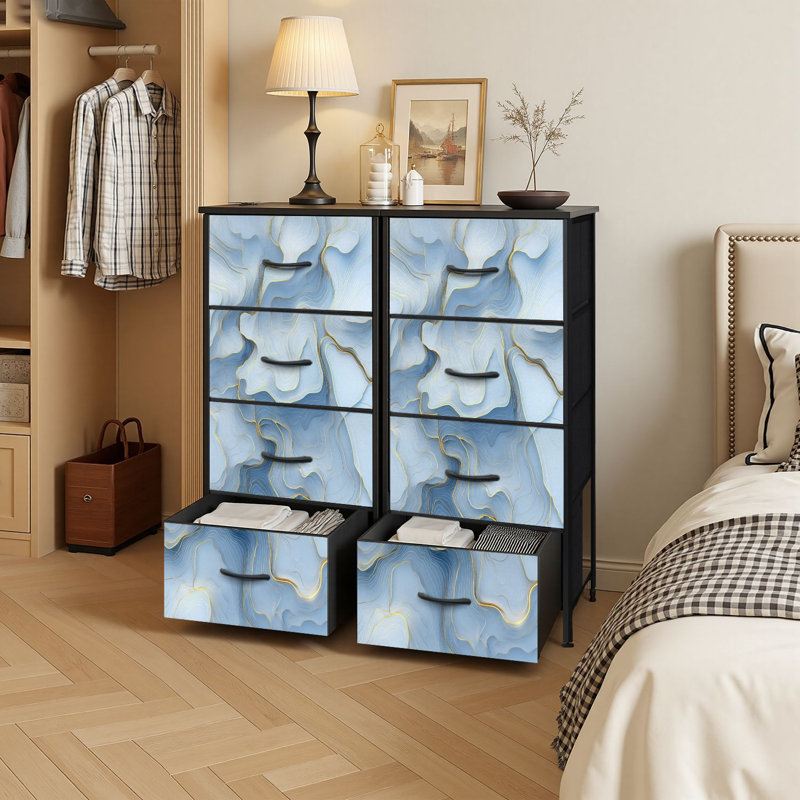 Commode de rangement verticale à 4 tiroirs, aquarelle bleu clair, géode dorée avec tiroirs en bois