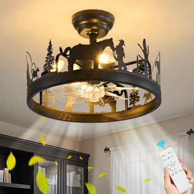 Ventilateur de plafond encastré 17,71 "Farmhouse Western Cowboy avec lumières, pales réversibles et télécommande