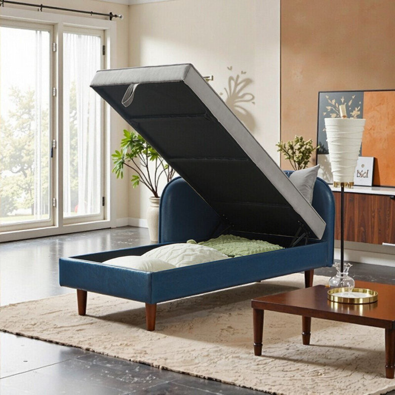 Canapé de rangement de 65 pouces avec coussin en mousse et structure en bois, Bleu + gris