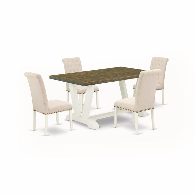 5 Piece Kitchen Table Set for 4 Includes a Rectangle Dining Room Table with V-Legs and 4 Light Beige Linen Fabric Upholstered Chairs, 40x72 Inch, Multi-Color