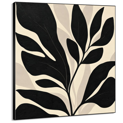 Impression sur tissu grand format - Motifs botaniques noirs et beiges à feuilles, design moderne et minimaliste pour salon ou chambre - « Assemblage du cadre requis (cadre non fini) »