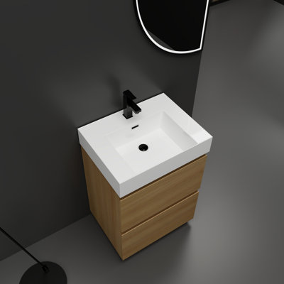 Lavabo de meuble-lavabo simple 24 po. Armoire encastrée moderne. Tiroir double. Autoportant. Bois d'ingénierie. Couleur contrastée. Armoire avec lavabo. Forme géométrique. Élégant