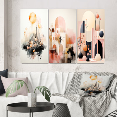 " Serene Abstract Landscape In Retro Pastel " 3 - Pieces