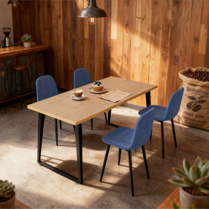 Ensemble de table de salle à manger de style industriel 63 pouces avec 4 chaises en tissu bleu, Bleu