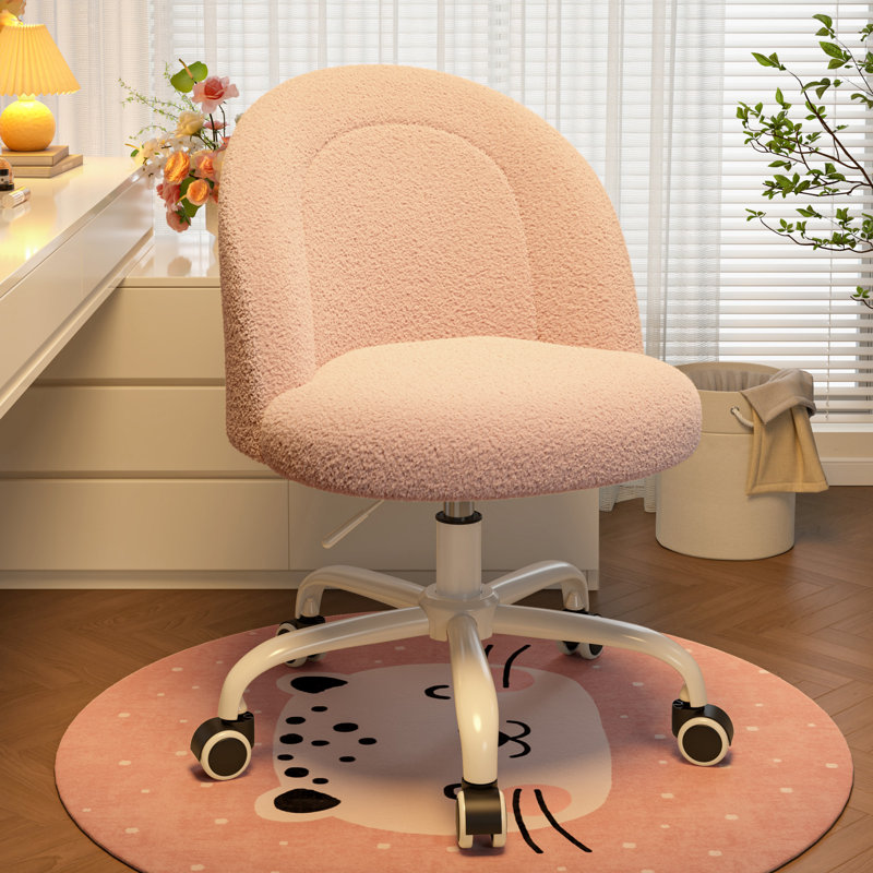 Teddy Upholstered Task Chair with Wheels, Height Adjustable Vanity Desk Chair for Small Spaces, Light Pink