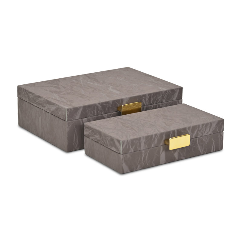 Ausel Crinkled Gloss Pattern Set of 2 Boxes with Gold Handles, Grey