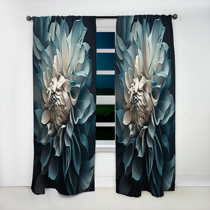 Bleu et blanc Dahlia Flowers I - Rideau en velours floral - 1 panneau, L 52 po x L 63 po