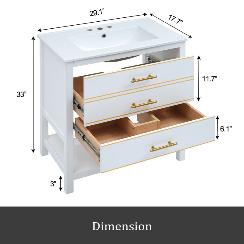 Armoire de meuble-lavabo moderne 30 pouces bleu marine / blanc avec deux tiroirs ouverts, Blanc
