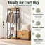 43.3" Hall Tree with Bench, 64.2"H Coat Rack with Storage, Reversible Shoe Cabinet, Adjustable Shelf, Black Metal Frame