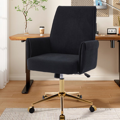 Fauteuil de bureau relevable à dossier mi-haut noir, design ergonomique en forme de S, velours côtelé rayé, base dorée, coussin en mousse à mémoire de forme pour un confort optimal des coudes et des épaules, finitions de couture soignées, profondeur 25,45.