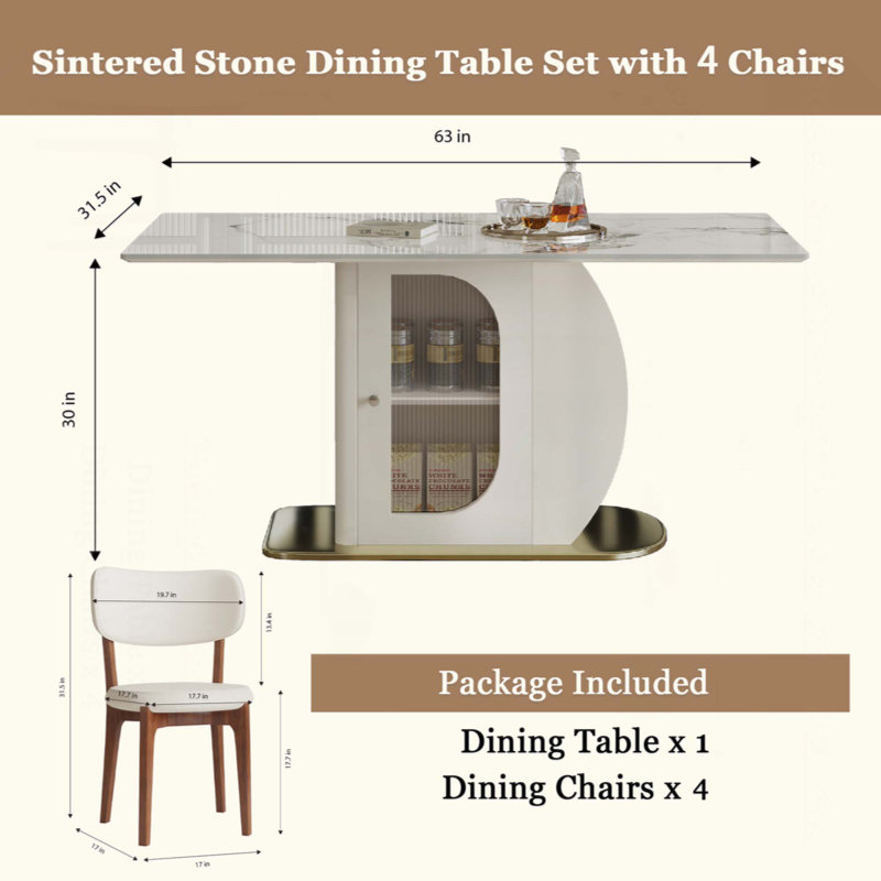 Ensemble de table de salle à manger moderne pour 4 à 6 personnes avec rangement, plateau en pierre brûlée et base en bois massif, comprenant 4 chaises en polyuréthane pour la cuisine et les appartements