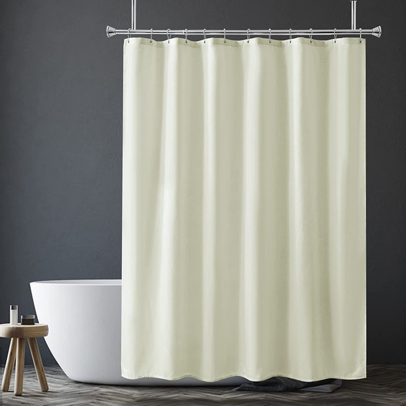 Polyester Fabric Machine Washable Waterproof Shower Curtain Liner With Hooks, White, Ivory Beige