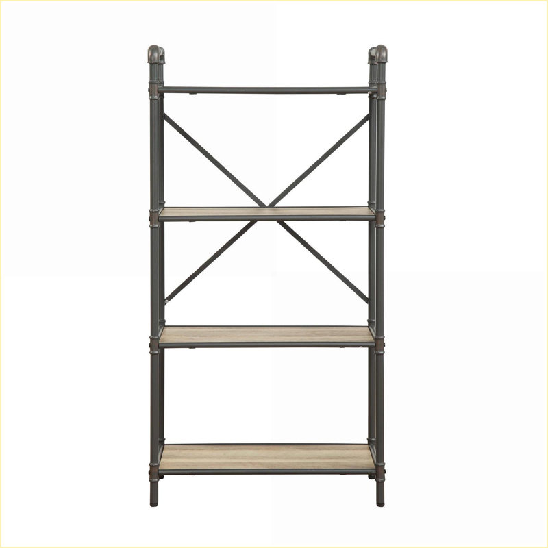 Bookshelf, Rustic 4-Tier Open Shelves | Antique Oak &amp; Light Gray Finish | Metal Frame | 23.5”W x 13.2”D | Oak | Metal