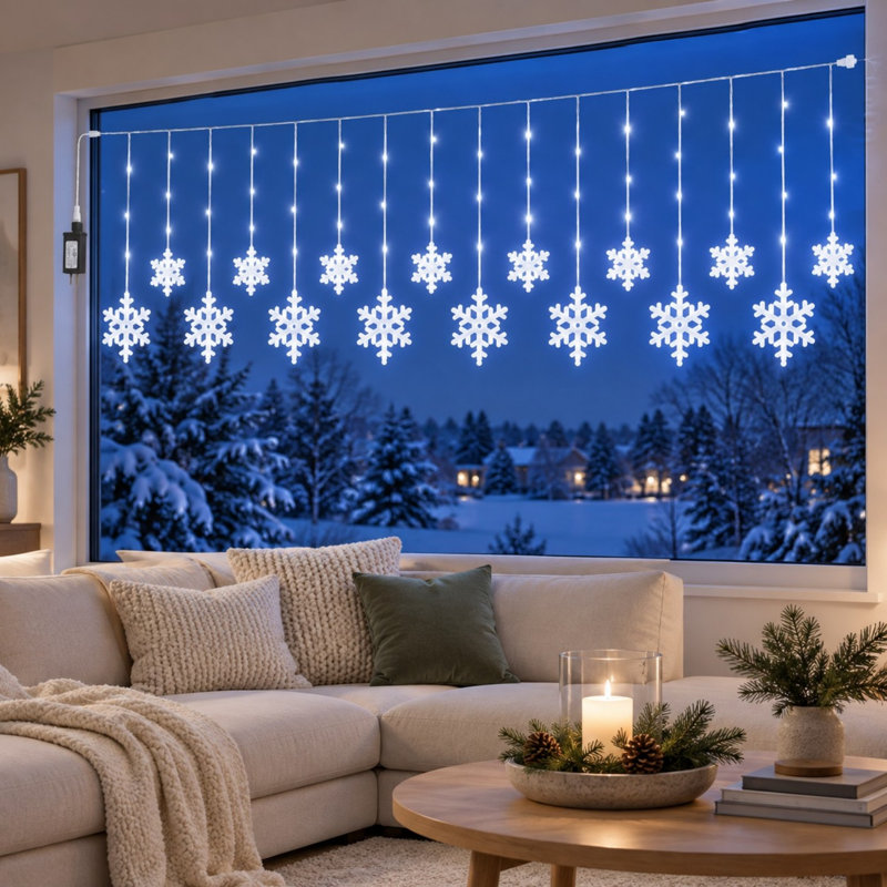 Guirlande lumineuse de 4 mètres en forme de flocons de neige avec 192 DEL, minuterie et 12 modes d'éclairage