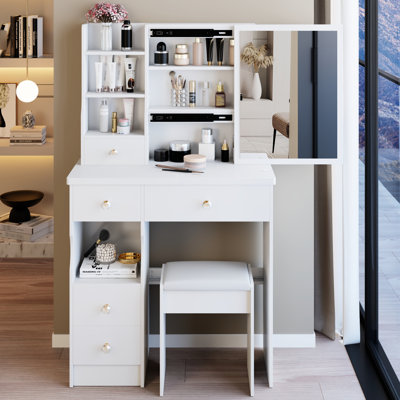 Petit meuble-lavabo 29,2 po avec rangement multicouche, très grand miroir coulissant, tiroir gauche et tabouret rembourré, blanc pour pièces