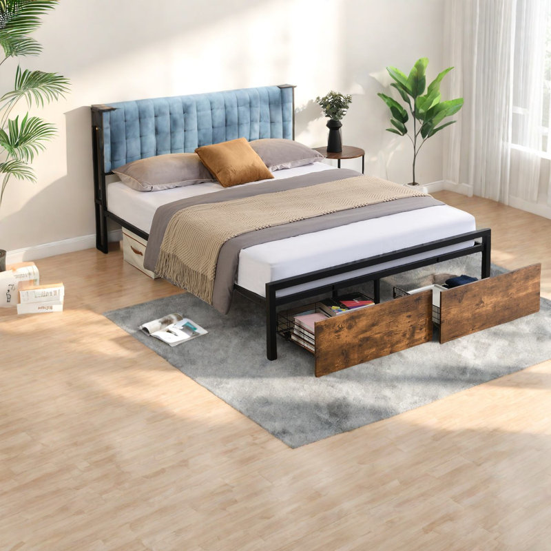 Lits grand format peu encombrants avec rangement, acier MDF, maison industrielle moderne