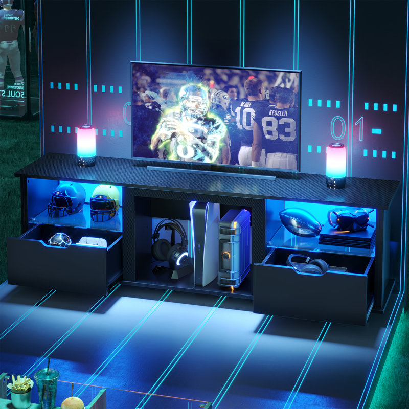 Black Carbon Fiber 70" LED Gaming TV Stand with Drawers and Shelves