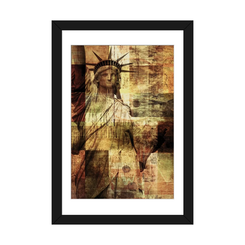 Statue of Liberty, impression sur toile tendue, H 32 po x l 24 po x P 1 po, Papier d'art encadré noir, Blanc