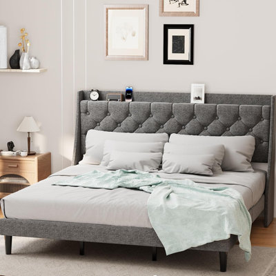 King Upholstered Bed Frame, Wingback Headboard with Storage Shelf & USB Ports, Tufted Linen, No-Noise, Dark Gray