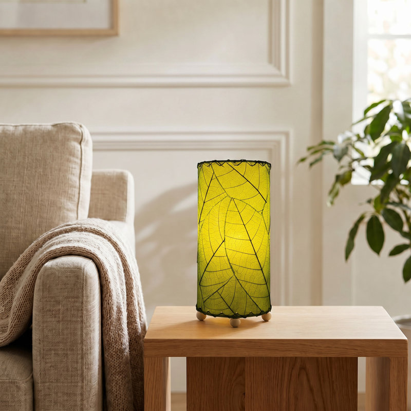 12 Inch Cocoa Leaf Cylinder Table Lamp Green, Green