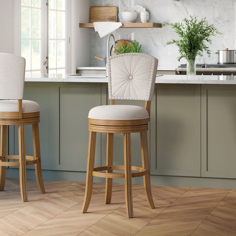 Fidelia Swivel Upholstered Counter Stool, Bar Stool (30" Seat Height), Beige Seat/ Brown Frame