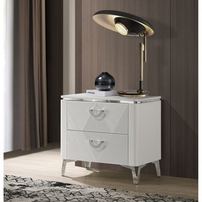 Table de chevet 2 tiroirs avec double port USB, blanc brillant
