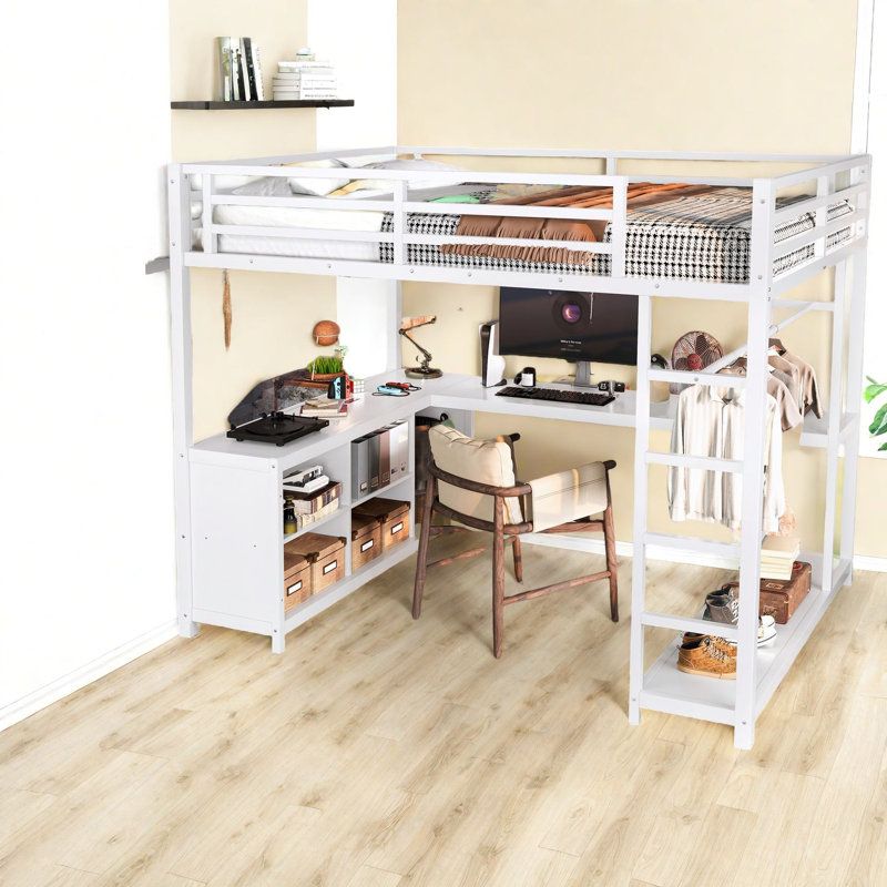 Lit mezzanine en métal blanc compact avec rangement et bureau pour la maison moderne