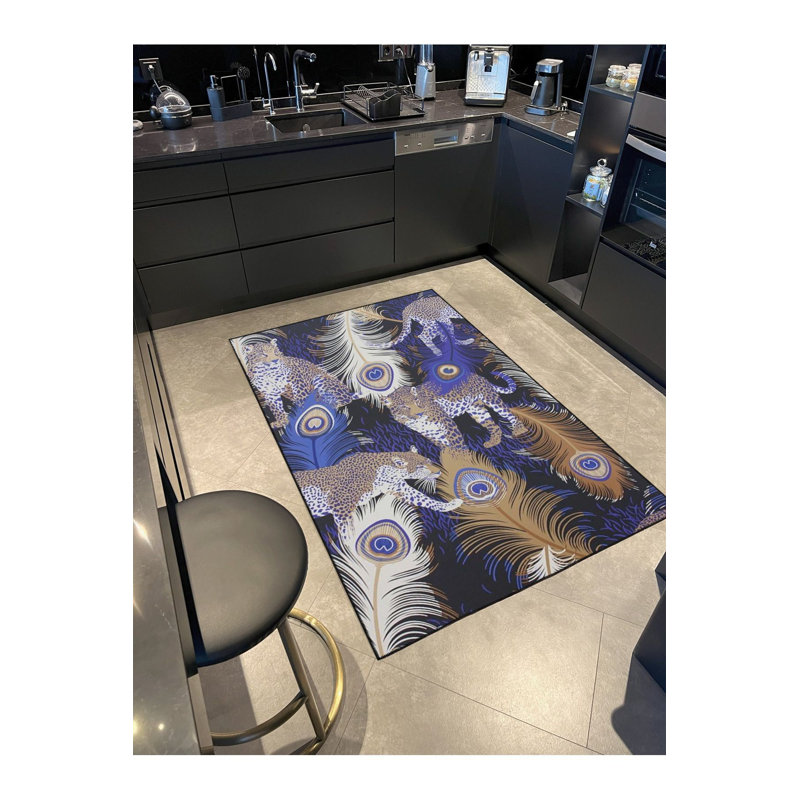 Colorful Feather Patterned Decorative Machine Washable Rug, Square 3'3" Rug Pad Included
