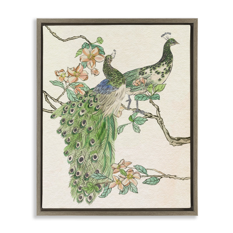 "Peacock pair on Branch", art mural sur toile flottante par Melissa Wang, Cadre flottant orme Montalcino, H 21 po x l 17 po