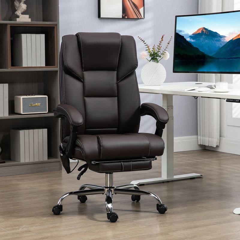 Fauteuil de bureau à 6 vibrations avec option de chauffage lombaire et hauteur réglable, repose-pieds, inclinable, massage en cuir PU brun 6 points, chauffage, siège