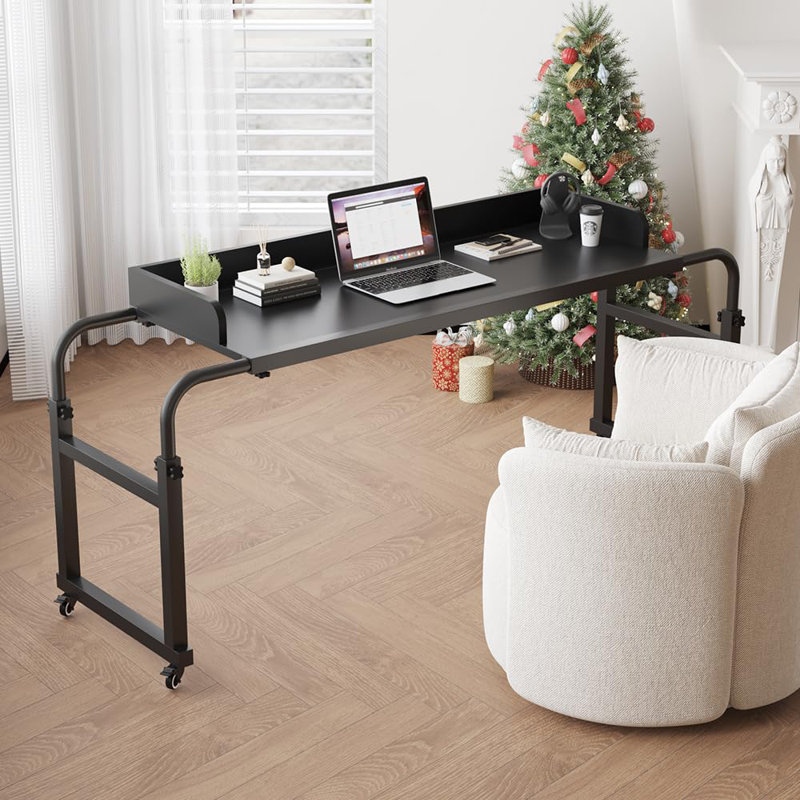 Overbed Table With 360° Wheels, Queen Size Mobile Bed Desk, Recliner Table Over Bed Table Adjustable Height And Length Overbed Table With Heavy Duty Metal Leg For Hospital And Home Use