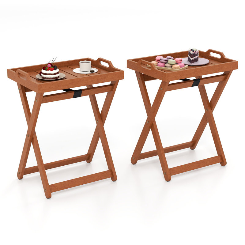 2PCS Outdoor Wood Tray Table w/Removable Serving Tray & Folding Frame for Porch, 2
