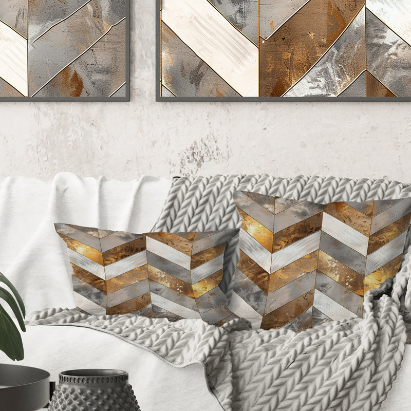 Chevron Waves - Glam Throw Pillow, Gray/Gold, 16" x 16"