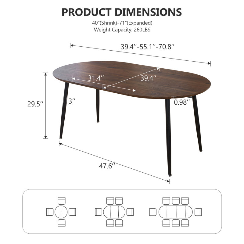 Table extensible, table à manger, table de bureau, table basse, Marron foncé, Noir