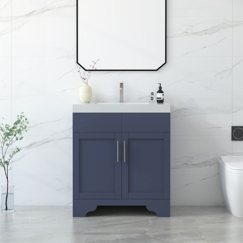30 in. Single Sink Freestanding Bathroom Vanity in Marine Blue with White Carrara Quartz Top, Marine Blue, 30"