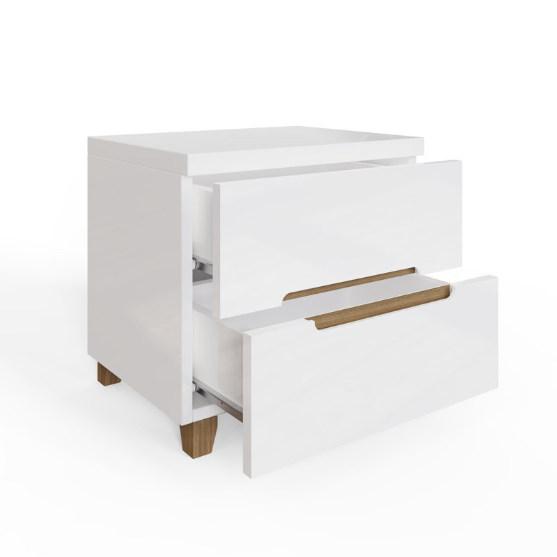 Mcfadden 2 Drawer Bedside Table Nightstand Cabinet. Oak Effect Accent. High Gloss White Front & Frame. 