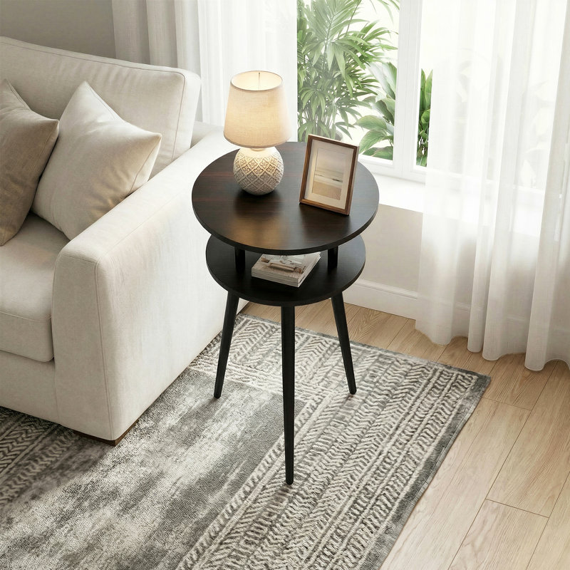 Table de bout ronde avec tablettes à 2 niveaux pour le salon, la chambre à coucher, Noir