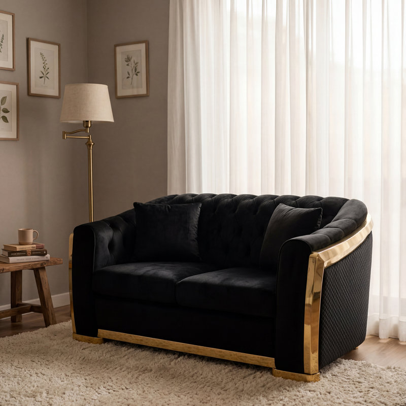 Canapé 62 po en velours capitonné avec détails dorés, Noir