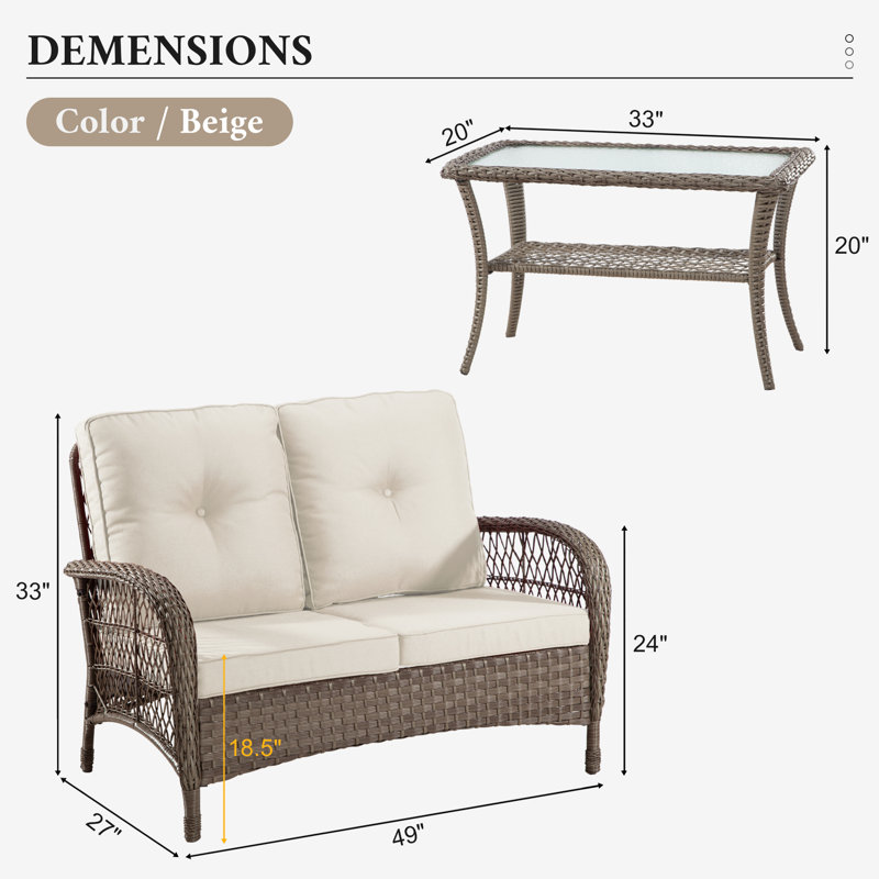 Causeuse d'extérieur élégante en osier avec table, Beige