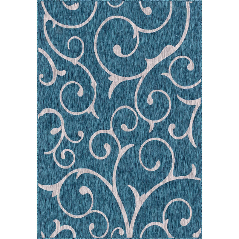 Tapis intérieur / extérieur bleu sarcelle en polypropylène tissé à la machine, Rectangle 6 pi 1 po x 9 pi