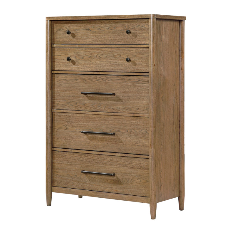 Commode haute Seny, 5 tiroirs, poignées noires antiques, hickory brun